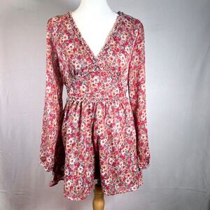 Francescas Miami Floral Long Sleeve Ruffle Trim Romper Cottagecore Ditsy Print S
